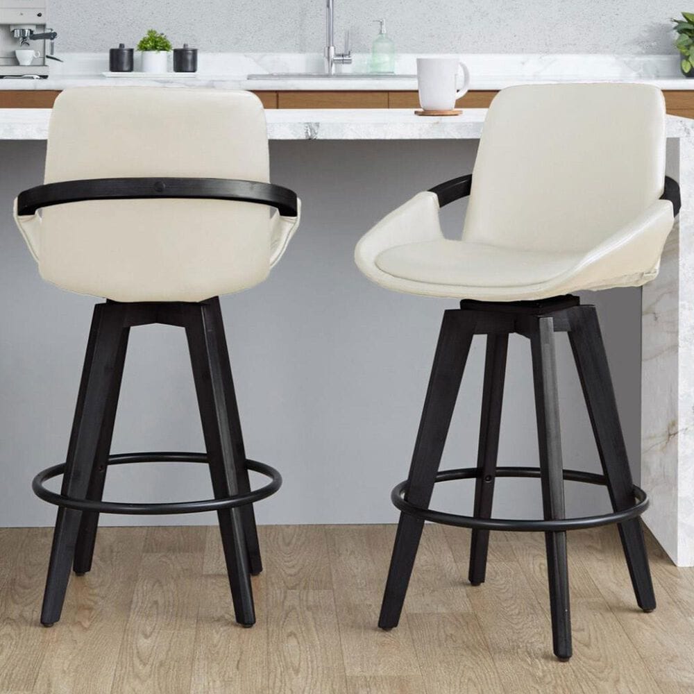 LumiSource Cosmo 26" Swivel Counter Stool with Cream Upholstery in Black (Set of 2), , large