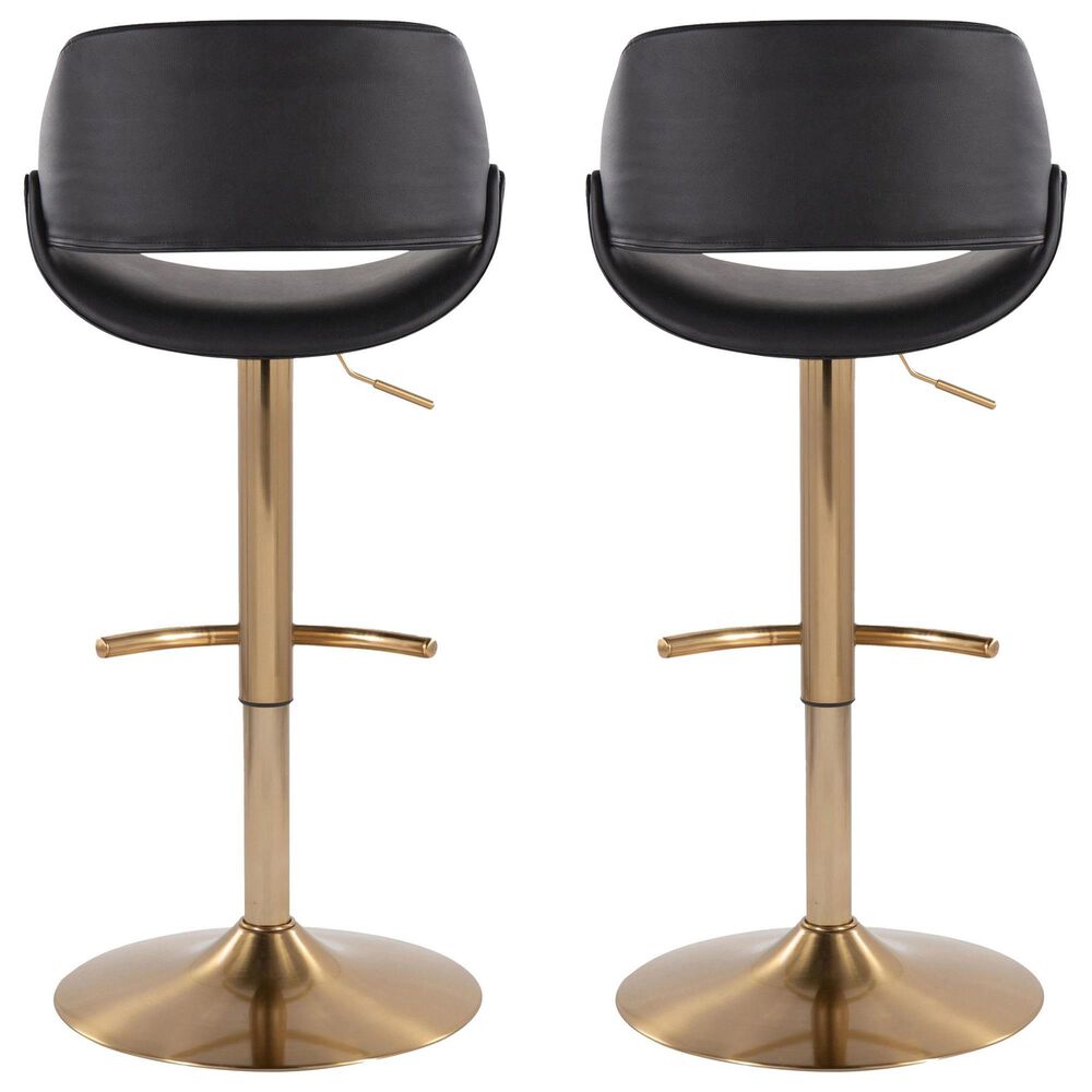LumiSource Fabrico Swivel Adjustable Bar Stool with Black Faux Leather Upholstery and Rounded T Footrest in Gold (Set of 2), , large