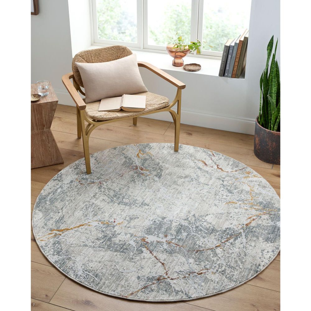 Surya Dresden Medium Gray, White, Gray, Light Slate, Mustard and Rust 6'7" Round Area Rug, , large