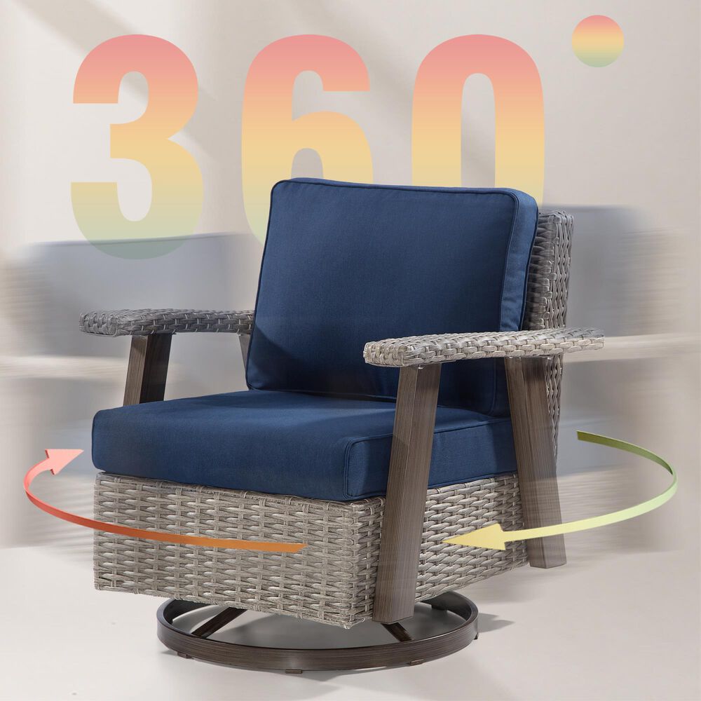 Sunwell Garden Patio Outdoor Swivel Chair with Light Gray Wicker in Navy, , large