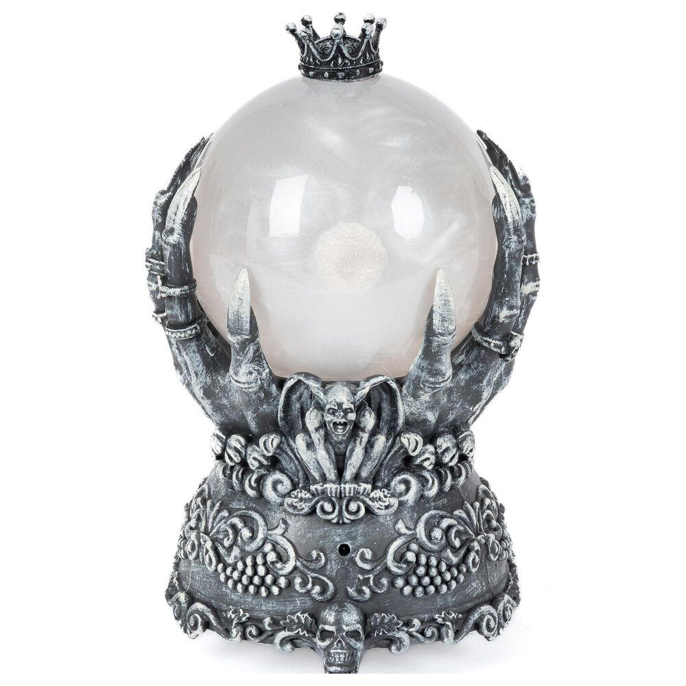 The Gerson Company 9.4&quot; Lighted Spinning Halloween Smoky Water Globe on Hand Base in Black and Yellow, , large