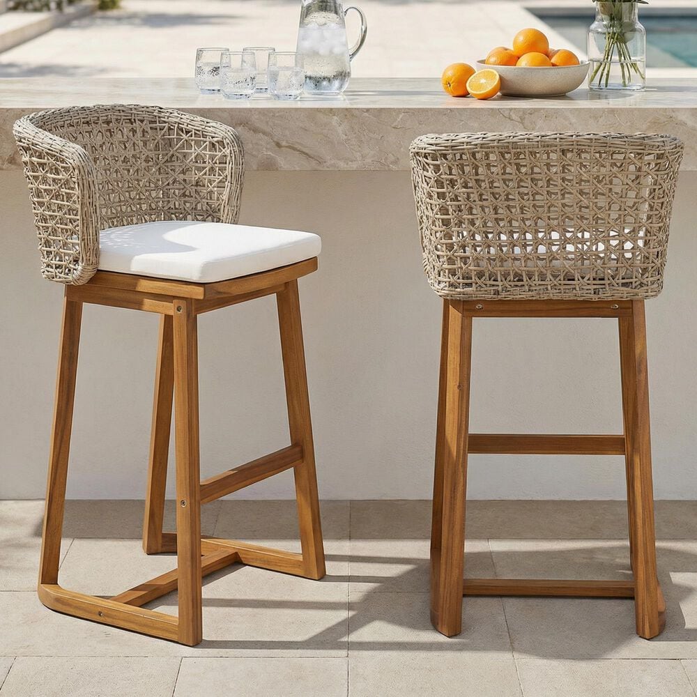 Hearth and Haven Outdoor Bar Stool with Woven Wicker Back and Cushion in Beige (Set of 2), , large