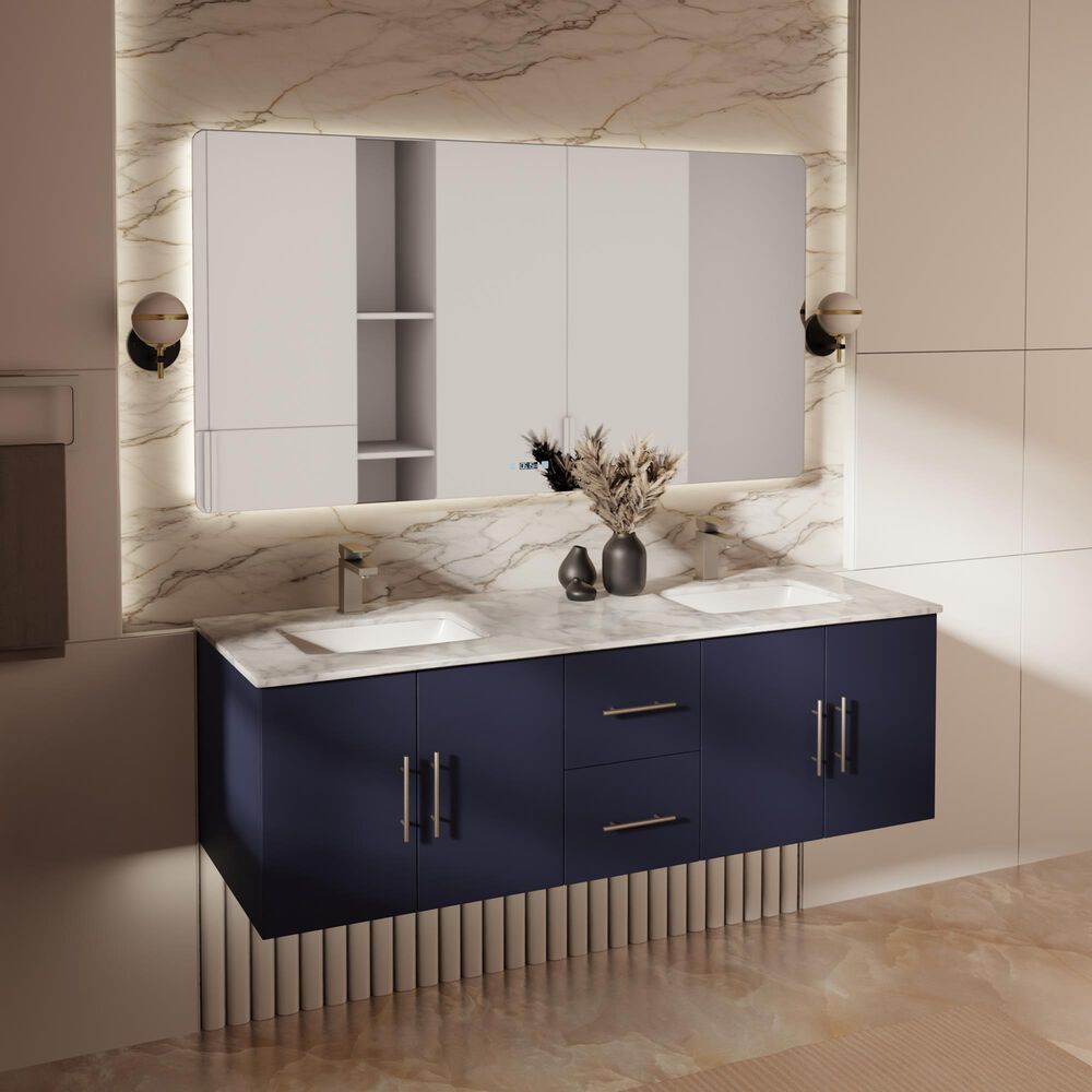 Lexora Home Geneva 60" Double Bathroom Vanity in Navy Blue with 2 cm White Carrara Marble Top and Rectangular Sinks, , large