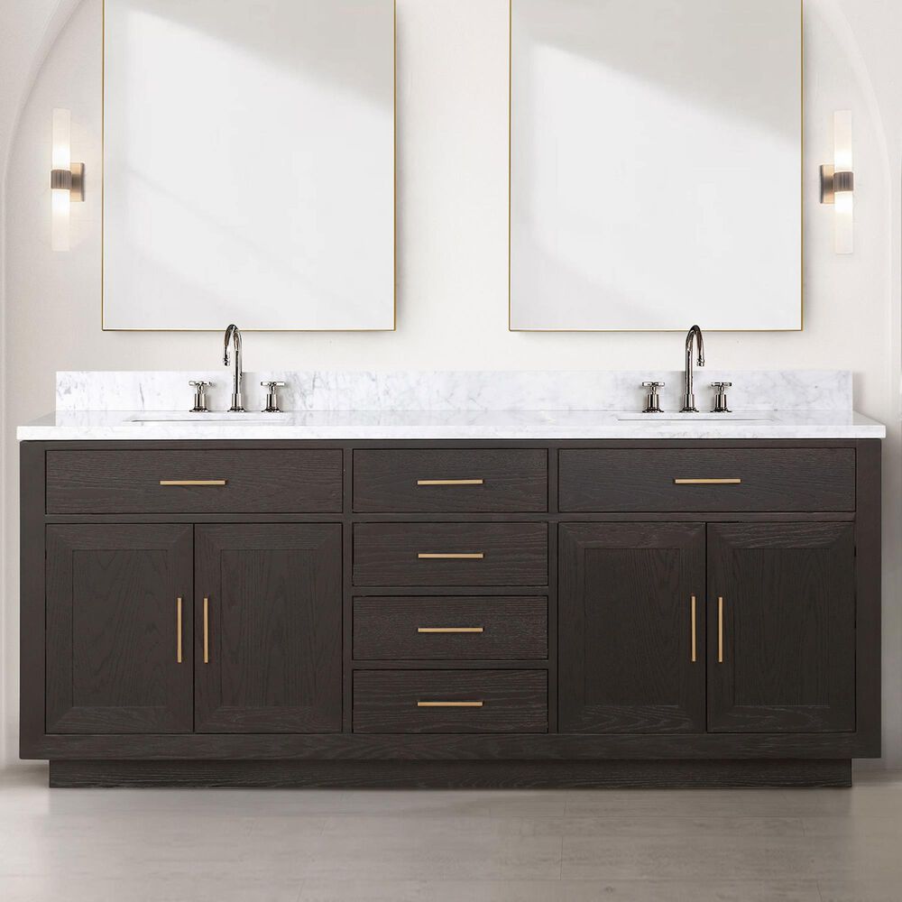 Lexora Home Abbey 80&quot; Double Bathroom Vanity in Brown Oak with 2 cm White Carrara Marble Top and Rectangular Sinks, , large