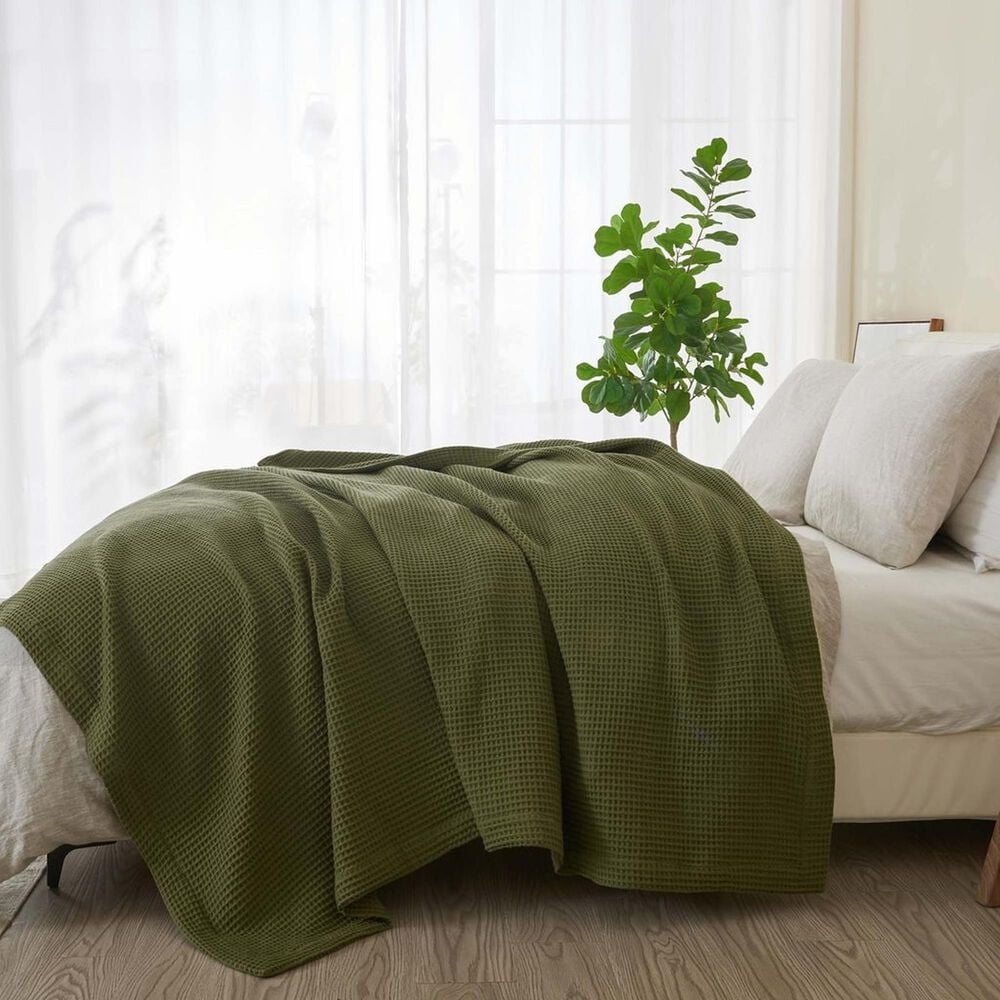 Trade Linker Full/Queen Waffle Weave Knit Throw Blanket in Olive, , large