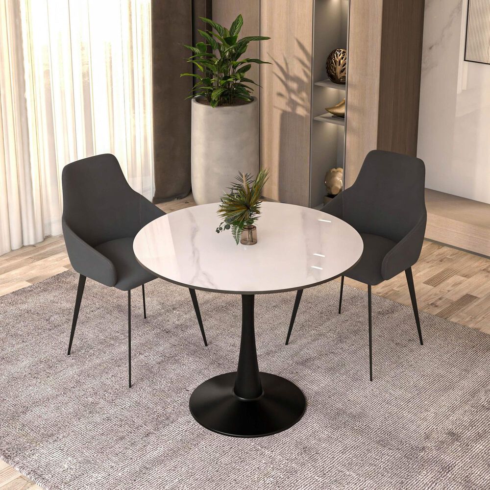 Leisuremod Leisuremod Bristol 35 round dining table Black base with White Sintered stone Top, , large