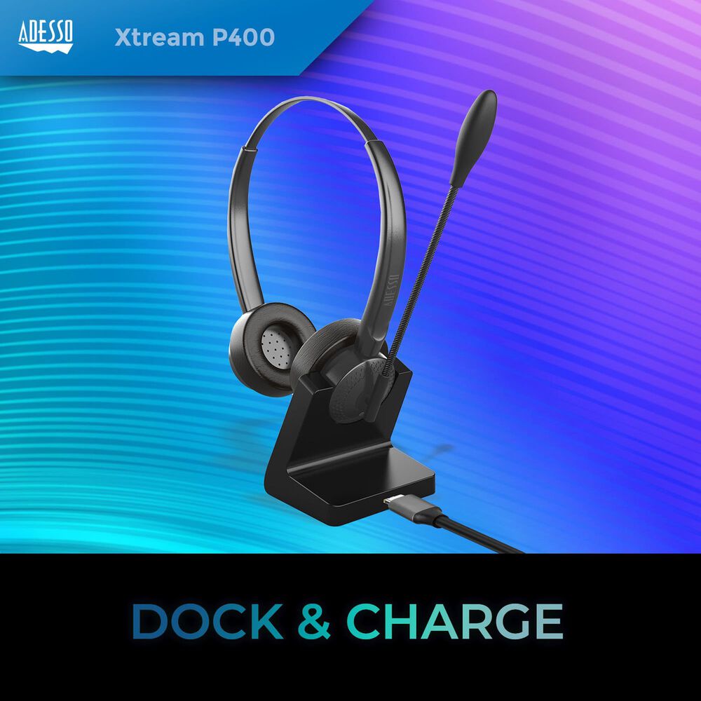 Adesso Stereo Bluetooth Headset with Microphone and Charging Dock in Black, , large