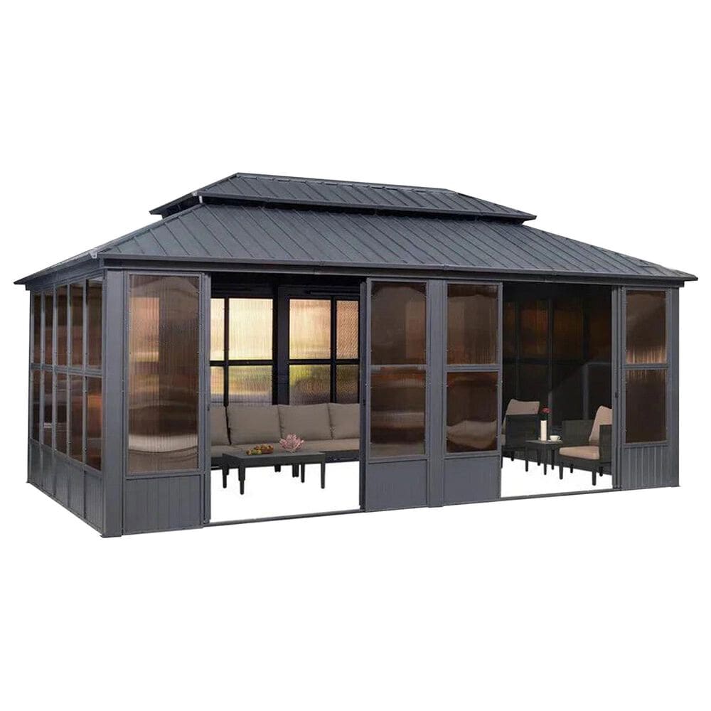 HOMLUX 12" x 20" Outdoor Hardtop Gazebo with Aluminum Frame, Double Galvanized Roof, Detachable Windows, Solarium Sunroom in Gray, , large