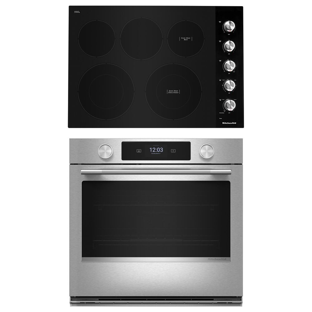 KitchenAid 2-Piece Kitchen Package with PrintShield Stainless Steel 30" Smart Single Wall Oven and Black 30" Electric Cooktop, , large