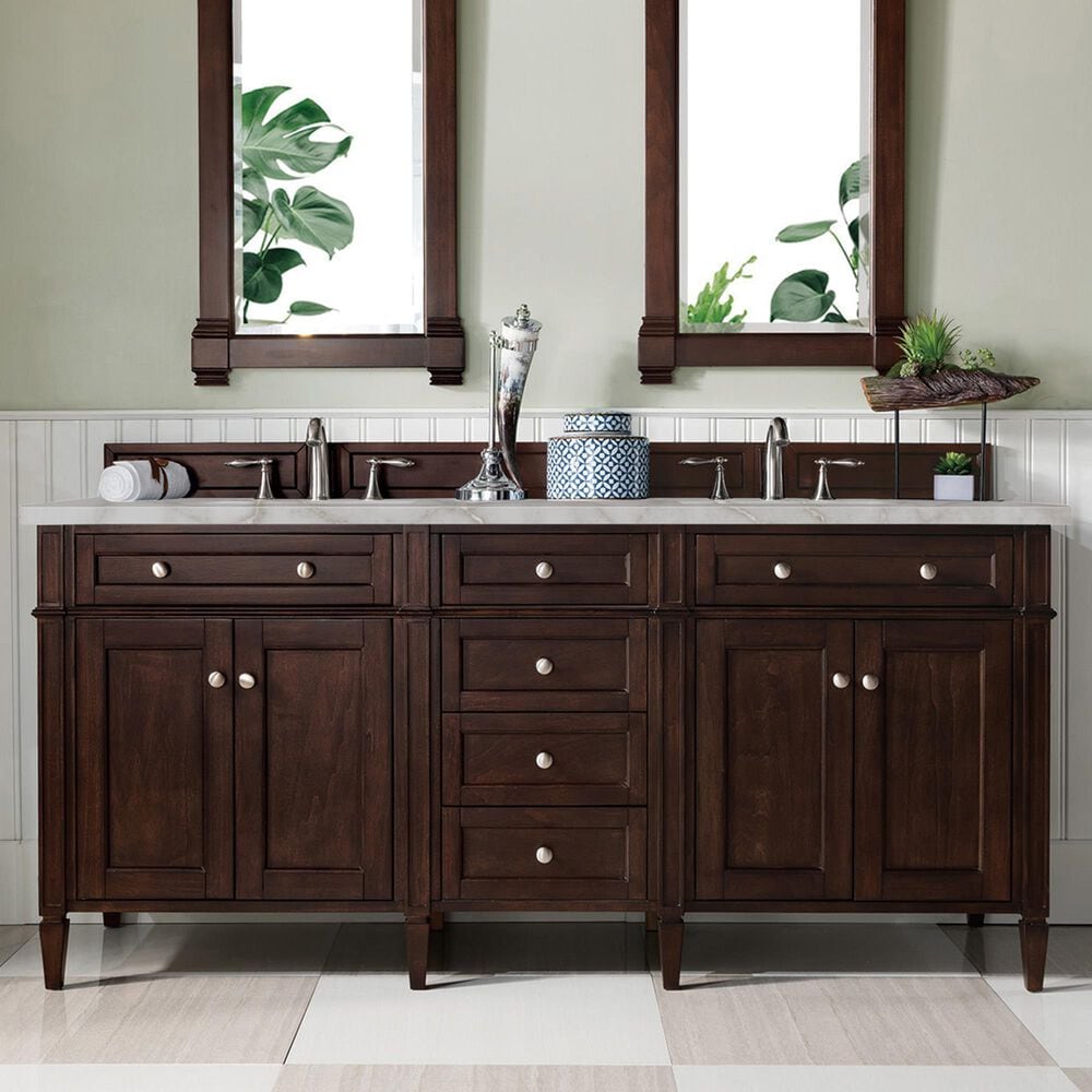 James Martin Vanities Brittany 72&quot; Double Bathroom Vanity in Burnished Mahogany with 3 cm Victorian Silver Quartz Top and Rectangular Sinks, , large
