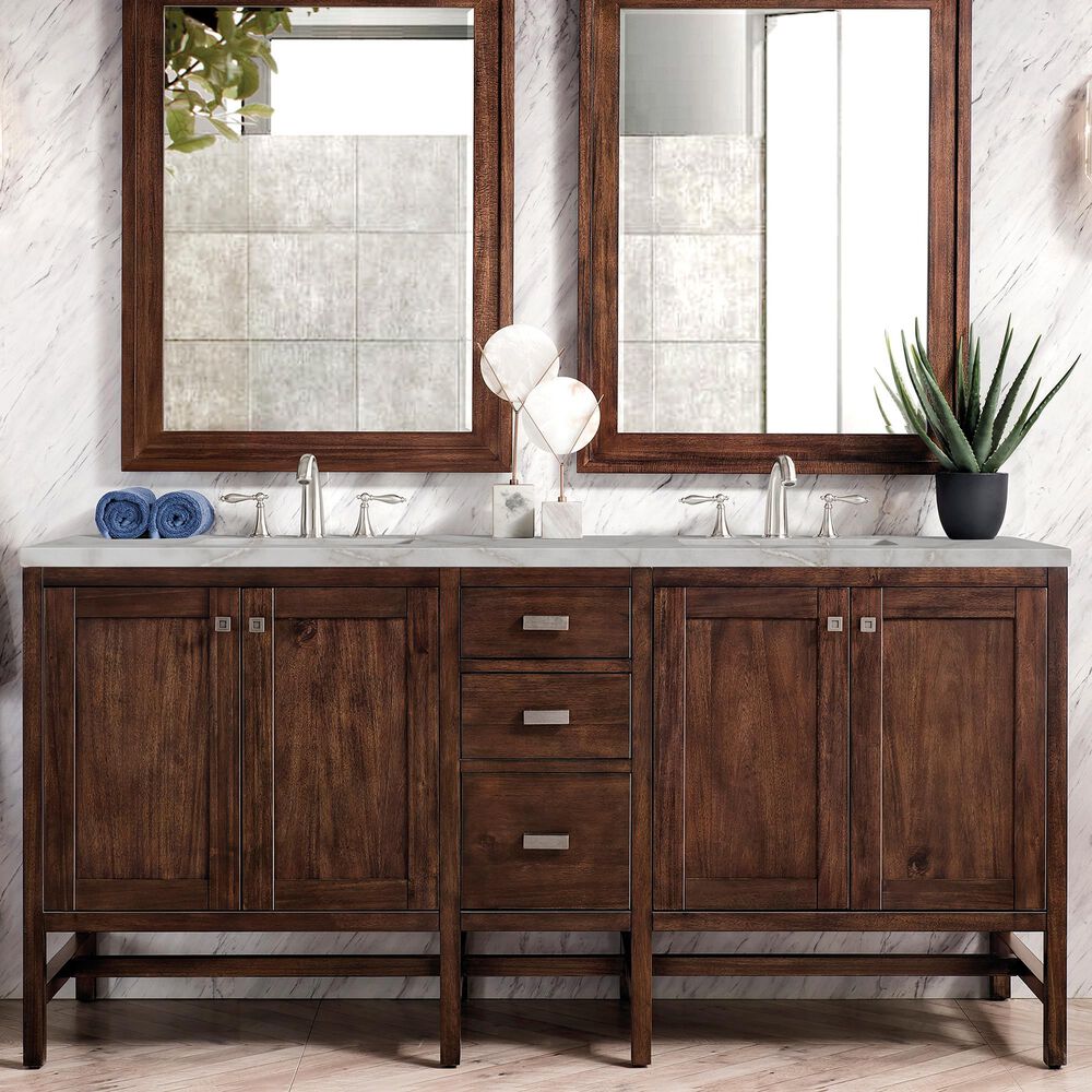 James Martin Vanities Addison 72&quot; Double Bathroom Vanity in Mid-Century Acacia with 3 cm Victorian Silver Quartz Top and Rectangular Sinks, , large