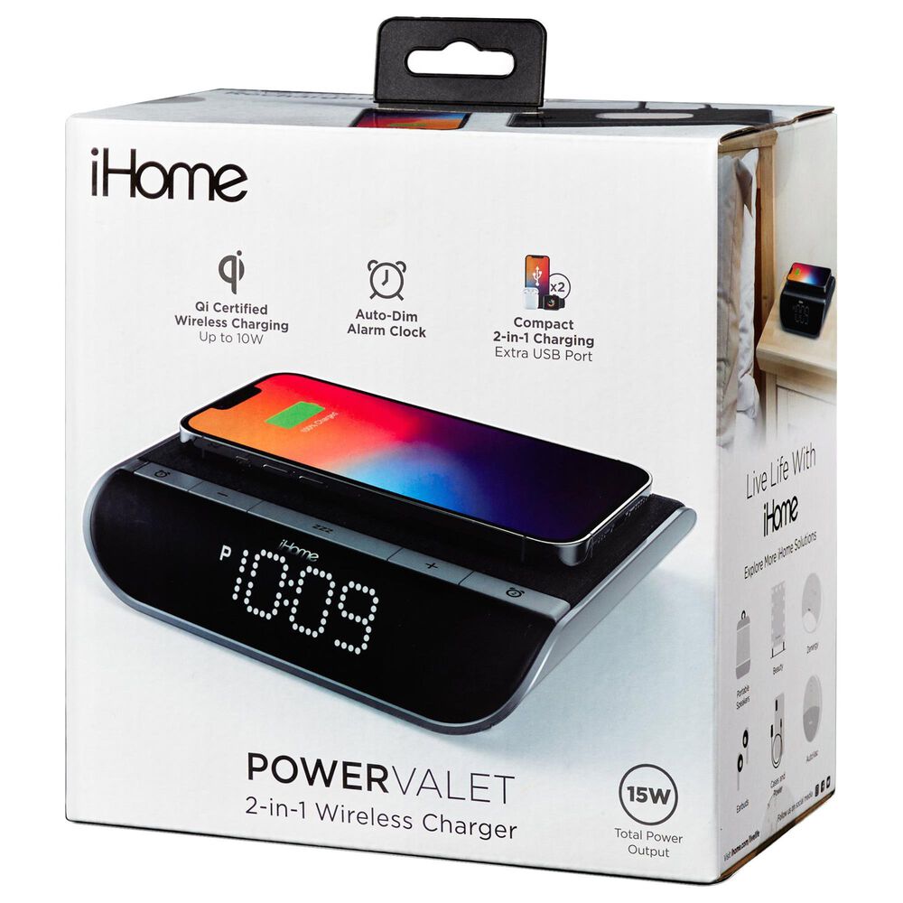 iHome 2-In-1 Wireless Charger Alarm Clock with Qi Wireless and USB Charging, , large