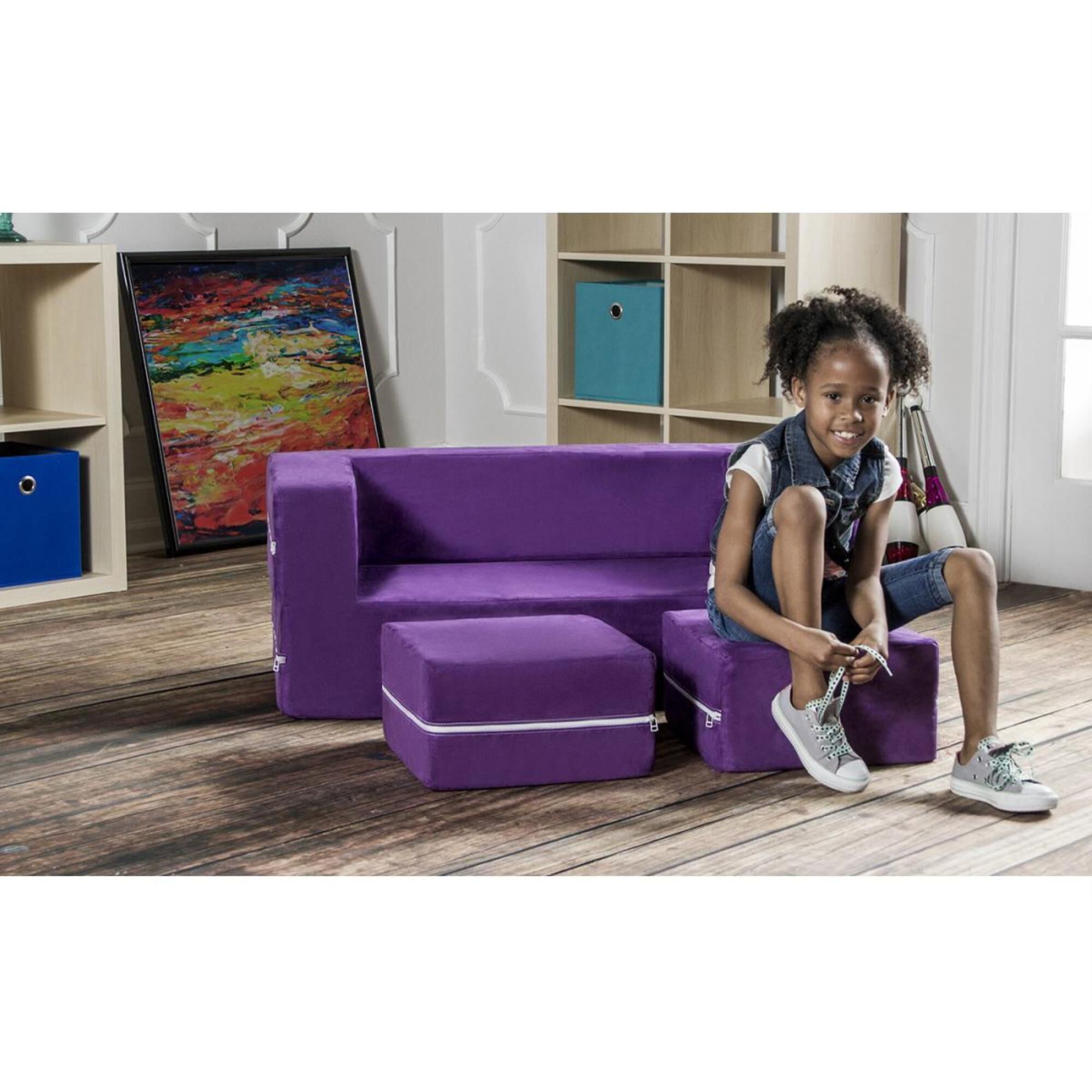 Jaxx Sacks Zipline Modular Kids Loveseat Ottomans in Grape