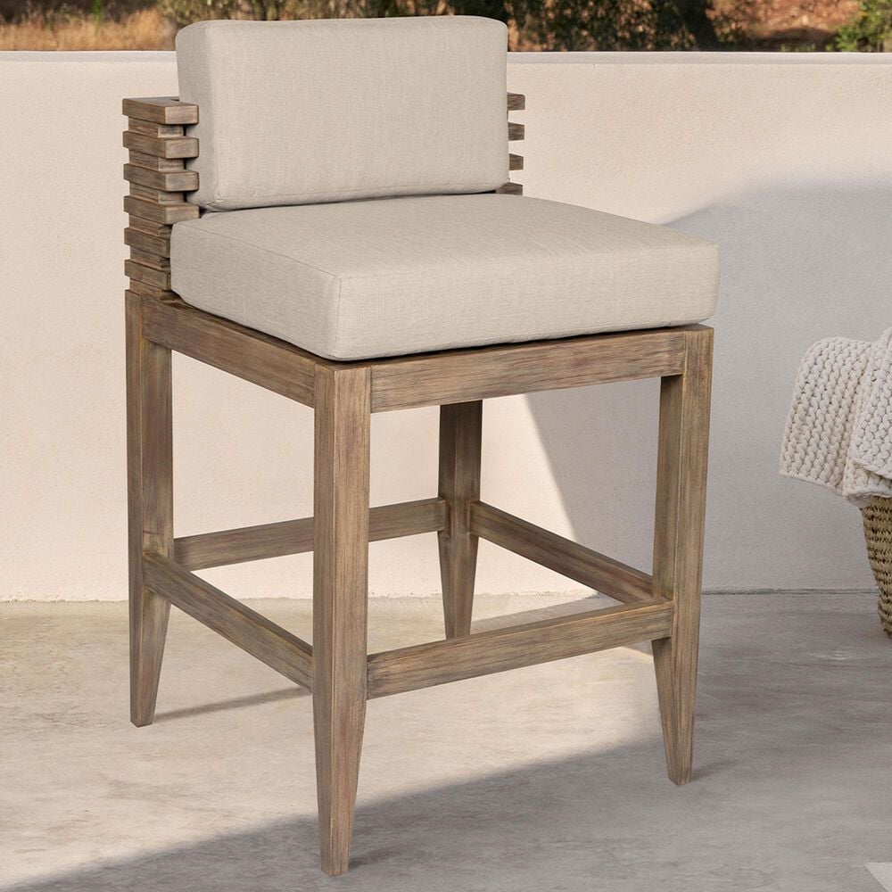 Armen Living Vivid Patio Counter Height Bar Stool with Taupe Cushion in Brown, , large