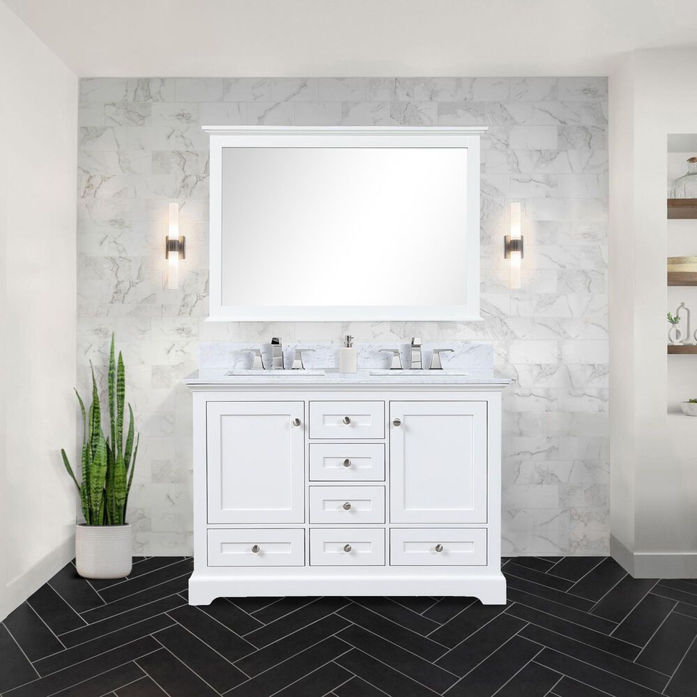 Lexora Home Dukes 48&quot; Double Bathroom Vanity in White with 2 cm White Carrara Marble Top and Rectangular Sinks, , large