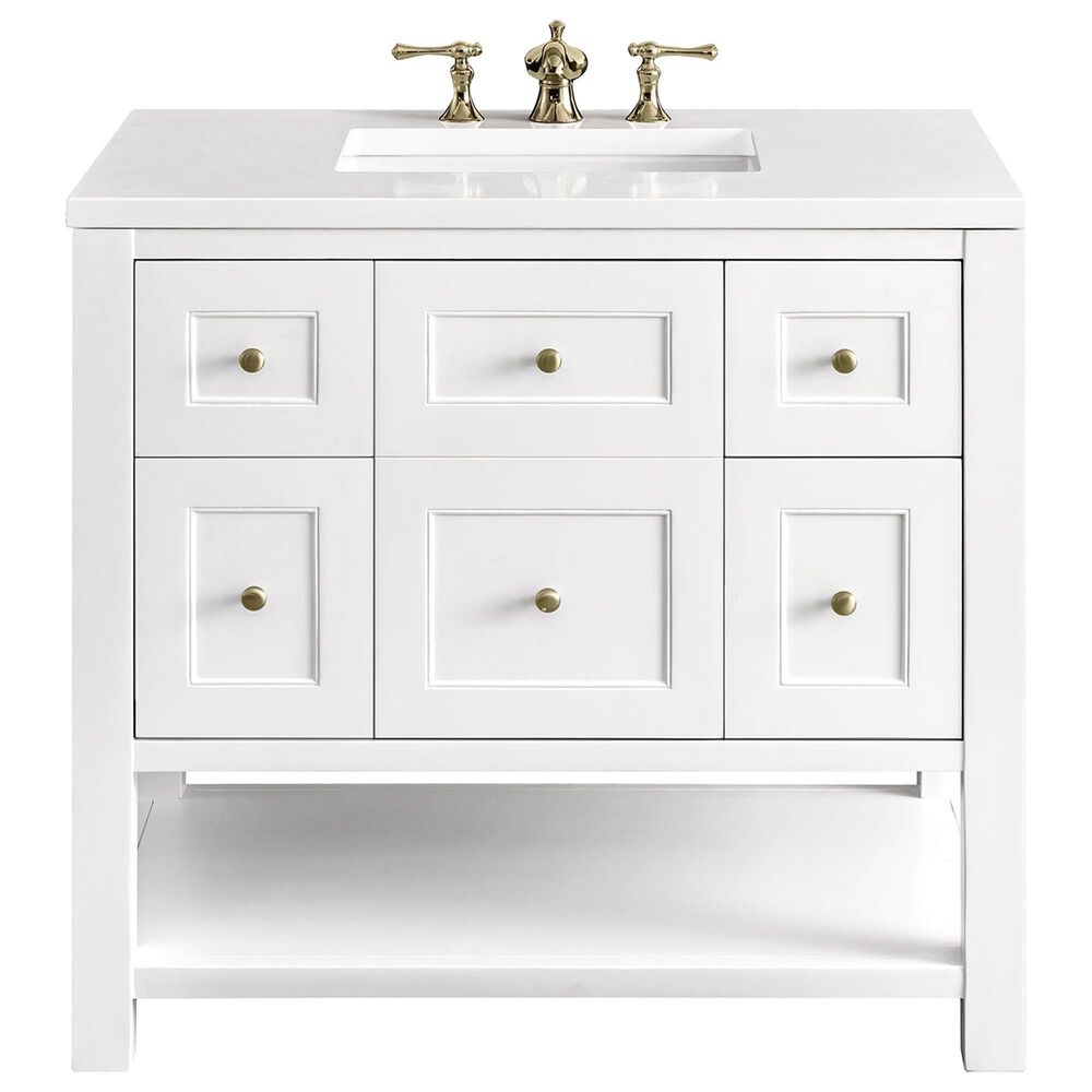 James Martin Vanities Breckenridge 36&quot; Single Bathroom Vanity in Bright White with 3 cm White Zeus Quartz Top and Rectangular Sink, , large