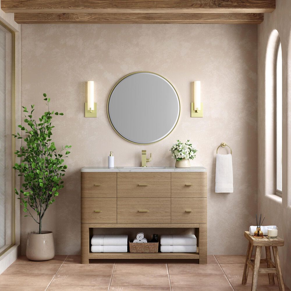 James Martin Vanities Lucian 48" Single Bathroom Vanity in Pebble Oak with 3 cm Victorian Silver Quartz Top, Rectangular Sink and FreePower Wireless Charger, , large
