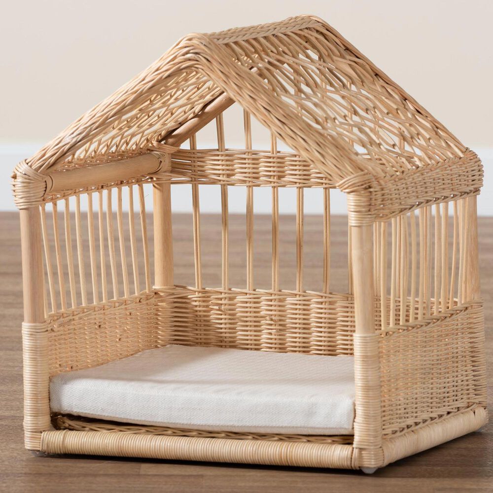 Baxton Studio Pieta Rattan Pet Bed with Removable Cushion in Natural Brown, , large