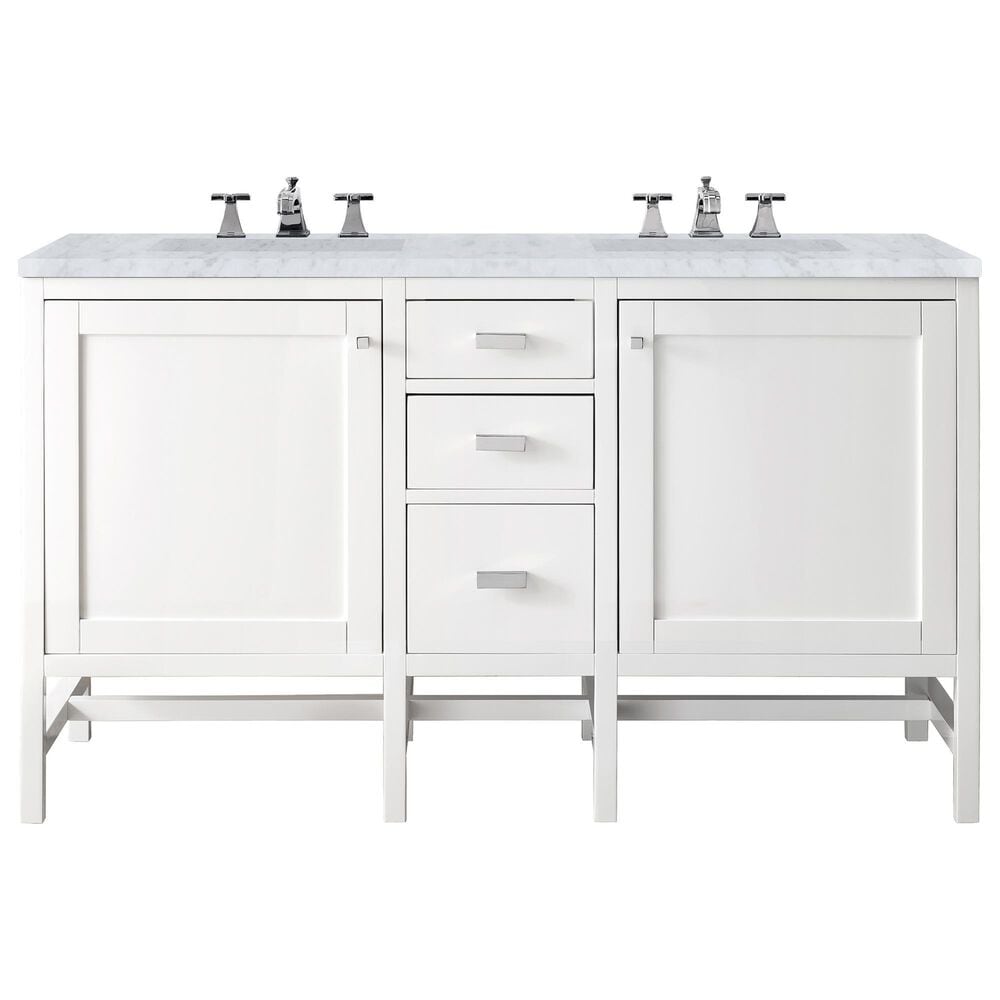 James Martin Vanities Addison 60" Double Bathroom Vanity in Glossy White with 3 cm Carrara White Marble Top and Rectangular Sinks, , large