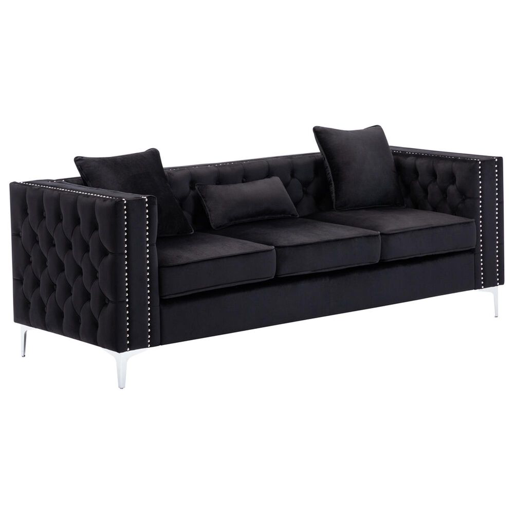 HOMLUX 86"W Velvet Sofa with Button Tufting, Nailhead Trim & Chrome Legs in Black, , large