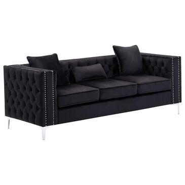 HOMLUX 86"W Velvet Sofa with Button Tufting, Nailhead Trim & Chrome Legs in Black, , large