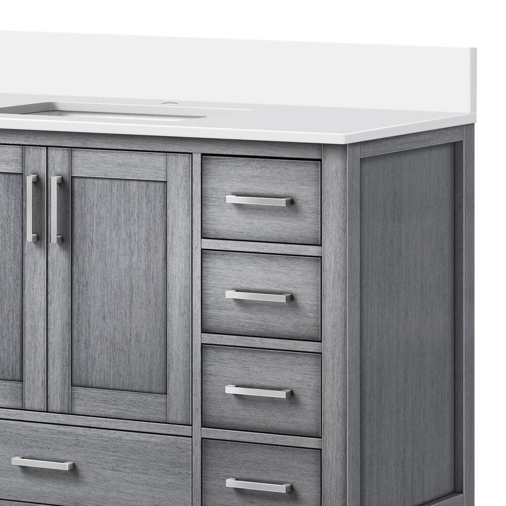 Lexora Home Jacques 84&quot; Double Bathroom Vanity in Distressed Grey with 2 cm White Cultured Marble Top and Rectangular Sinks, , large