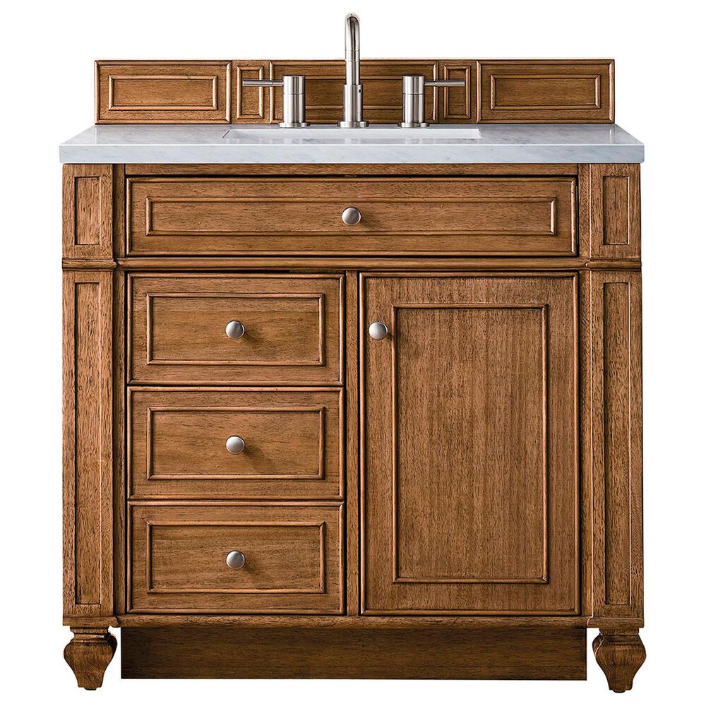 James Martin Vanities Bristol 36" Single Bathroom Vanity in Saddle Brown with 3 cm Carrara White Marble Top and Rectangular Sink, , large