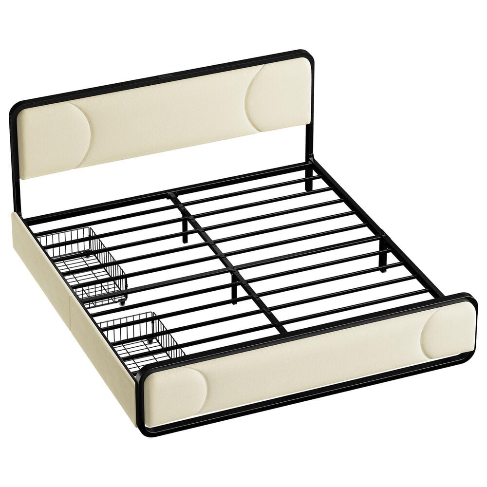 HOMLUX King Upholstered Platform Bed Frame in Beige, , large
