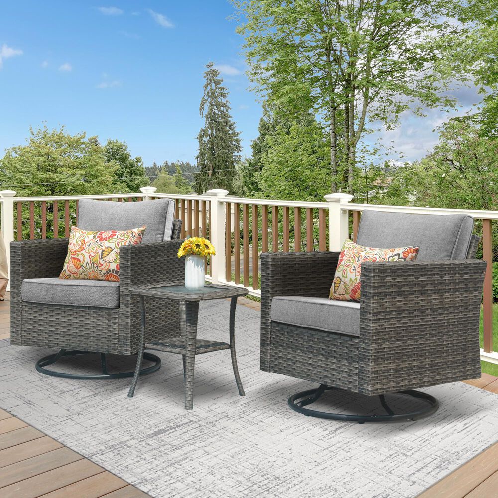HOMLUX 3-Piece Patio Conversation Set with Square-Arm Swivel Rocking Chairs in Dark Gray, , large