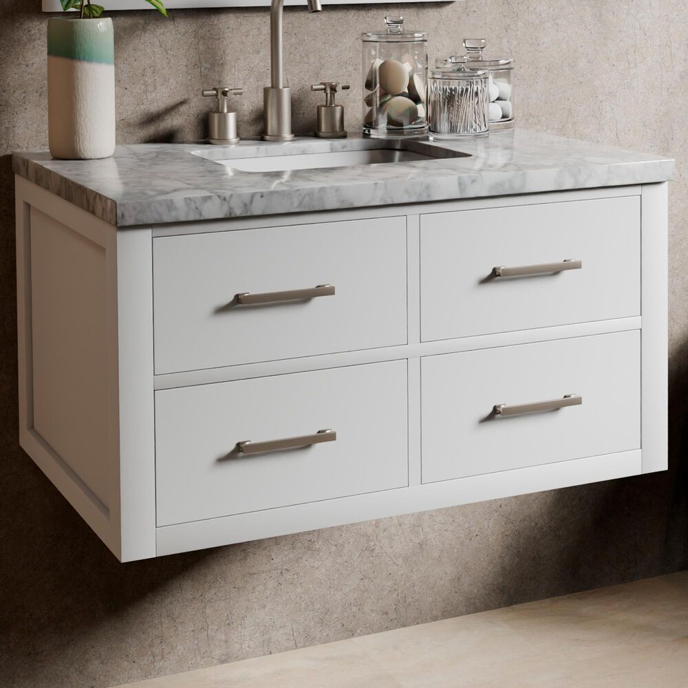 Lexora Home Castor 36" Single Bathroom Vanity in White with 2 cm White Carrara Marble Top and Rectangular Sink, , large