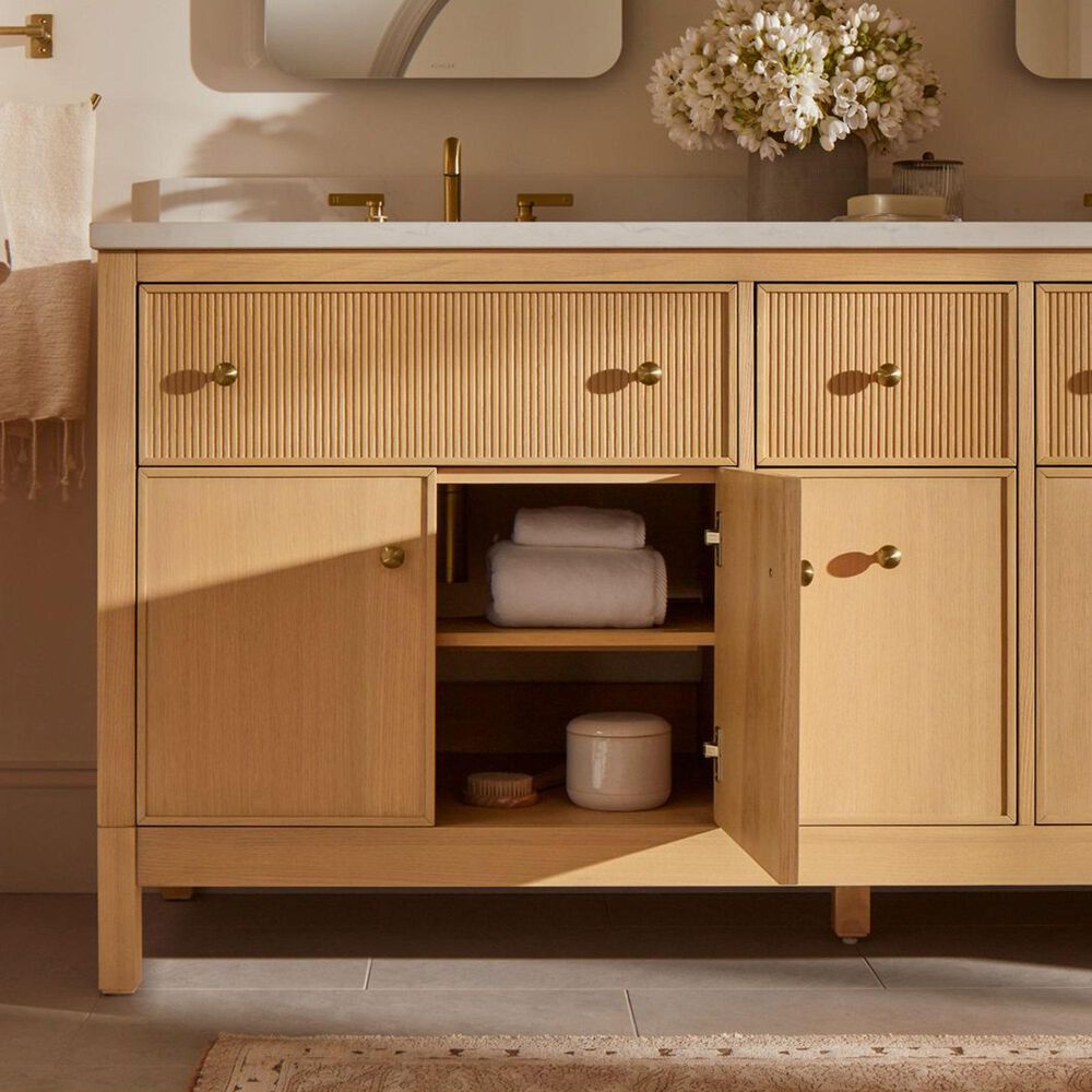 Kohler Malin 60" Double Bathroom Vanity in White Oak with 3 cm White Quartz Top and Rectangular Sinks, , large