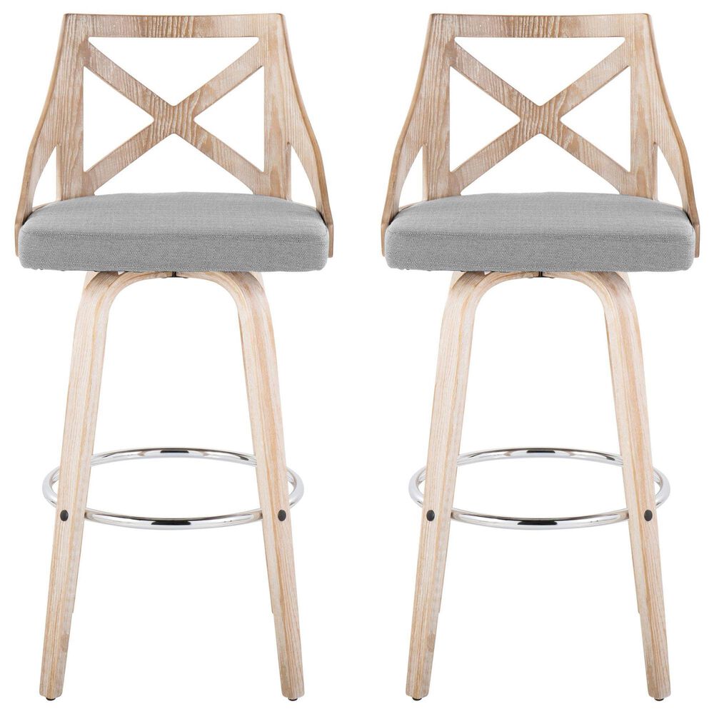 LumiSource Charlotte Swivel Bar Stool with Light Grey Fabric Upholstery in Whitewashed and Chrome (Set of 2), , large