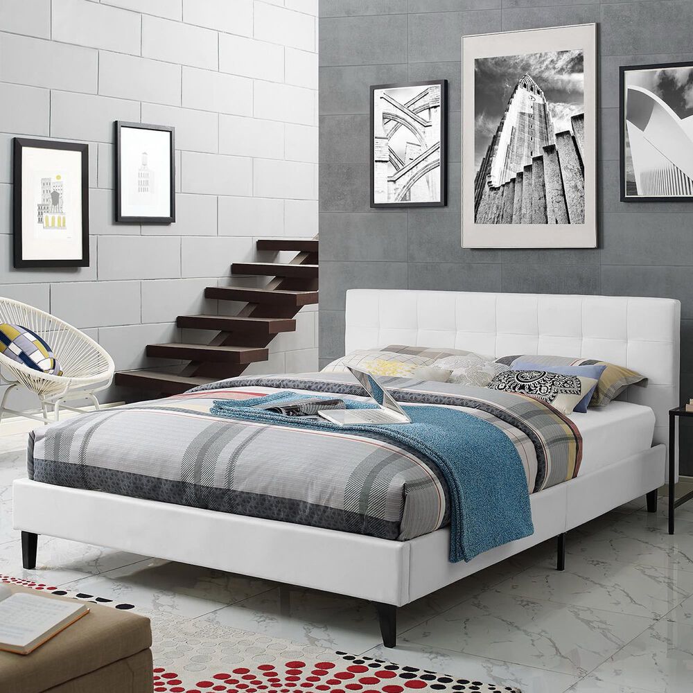 Modway Linnea Faux Leather Queen Platform Bed in White, , large