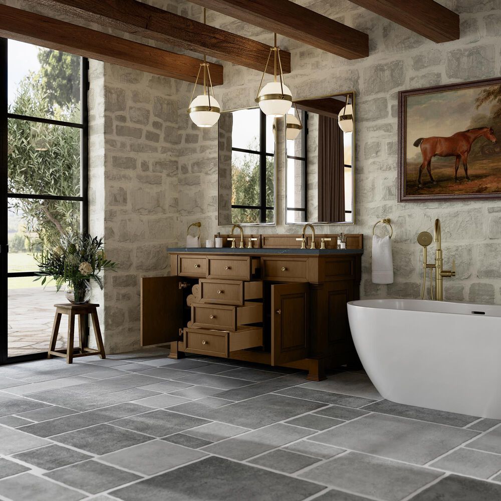 James Martin Vanities Brookfield 60" Double Bathroom Vanity in Honey Oak with 3 cm Charcoal Soapstone Quartz Top and Rectangular Sinks, , large