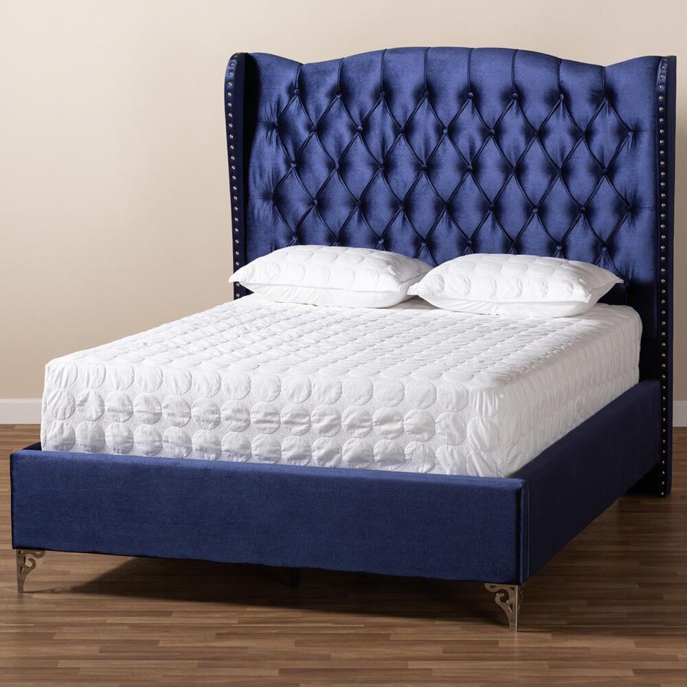 Hanne King Upholstered Wingback Bed in Purple Blue, , large