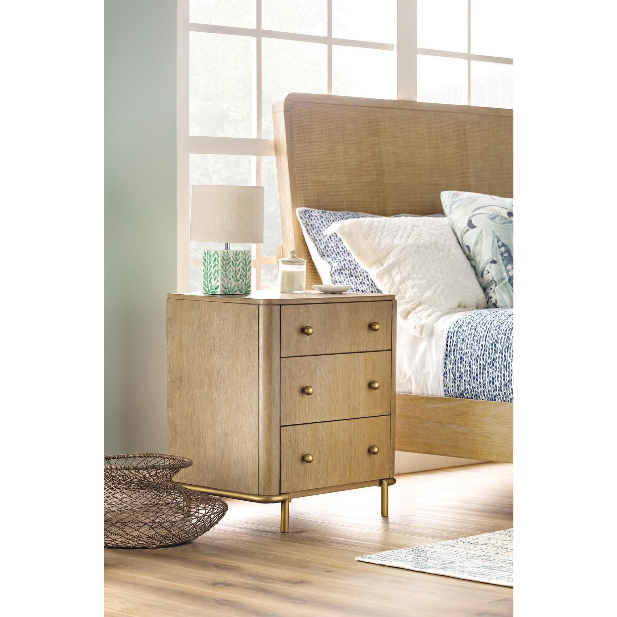 Pacific Landing Arini 3-Drawer Nightstand in Sand Wash and Aged Brass