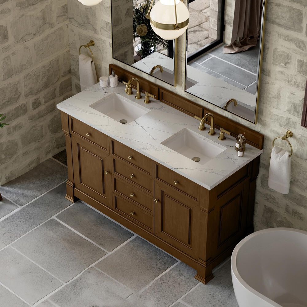 James Martin Vanities Brookfield 60&quot; Double Bathroom Vanity in Honey Oak with 3 cm Ethereal Noctis Quartz Top and Rectangular Sinks, , large