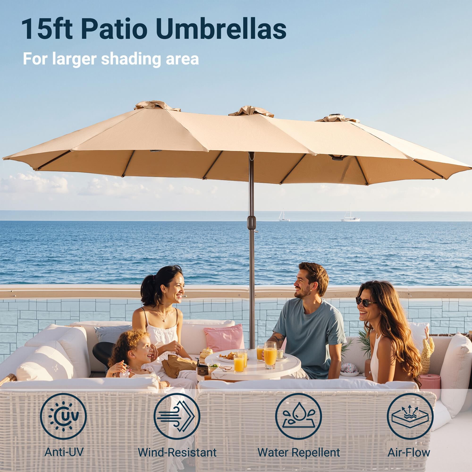 HOMLUX 15' Outdoor Market Umbrella with Sandbags Base in Khaki
