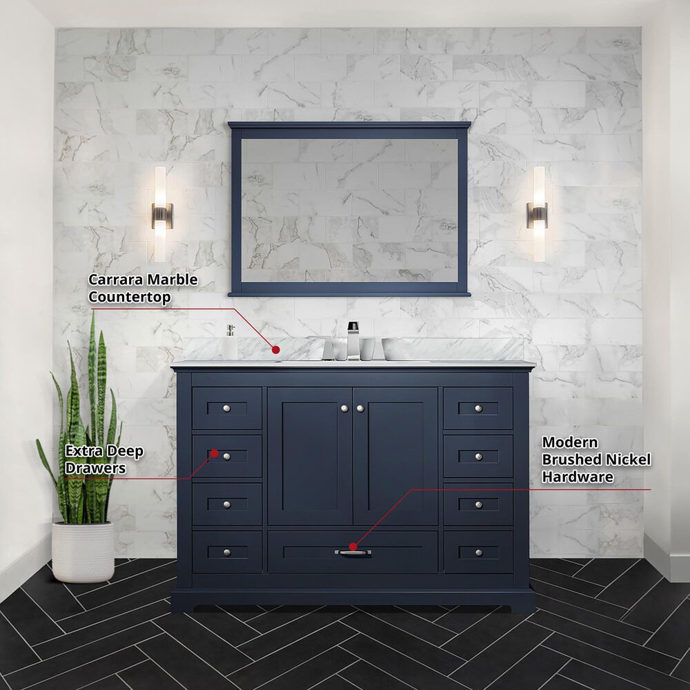Lexora Home Dukes 48&quot; Single Bathroom Vanity in Dark Grey with 2 cm White Carrara Marble Top, Rectangular Sink and 46&quot; Mirror, , large
