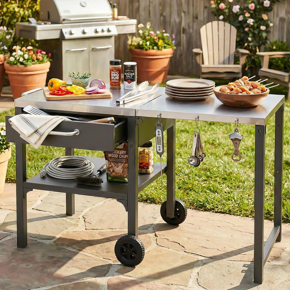 Hearth and Haven Outdoor Foldable Kitchen Cart with Side Table in Gray, , large