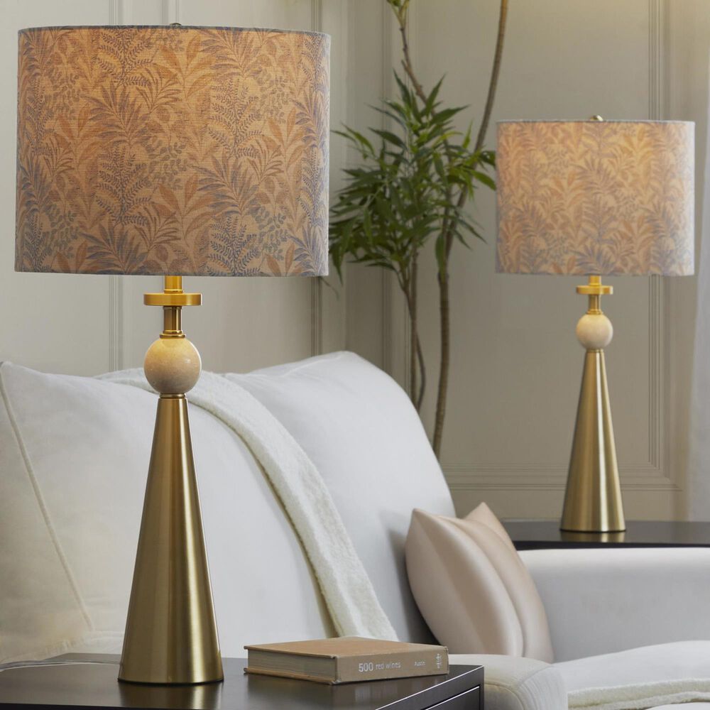 LumiSource Cone Travertine Table Lamp with Tan Leaf Shade in Gold (Set of 2), , large