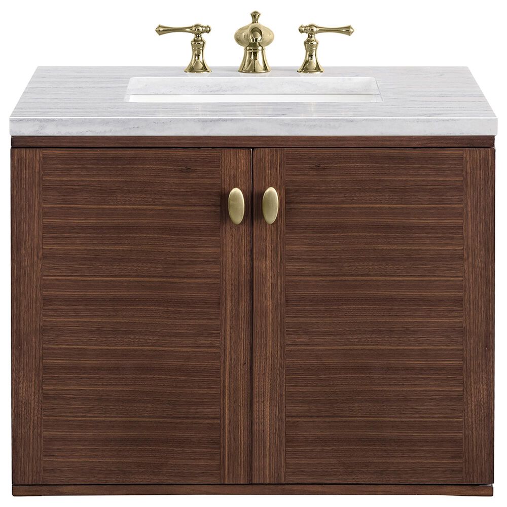 James Martin Vanities Amberly 30&quot; Single Bathroom Vanity in Walnut with 3 cm Arctic Fall Solid Surface Top and Rectangular Sink, , large