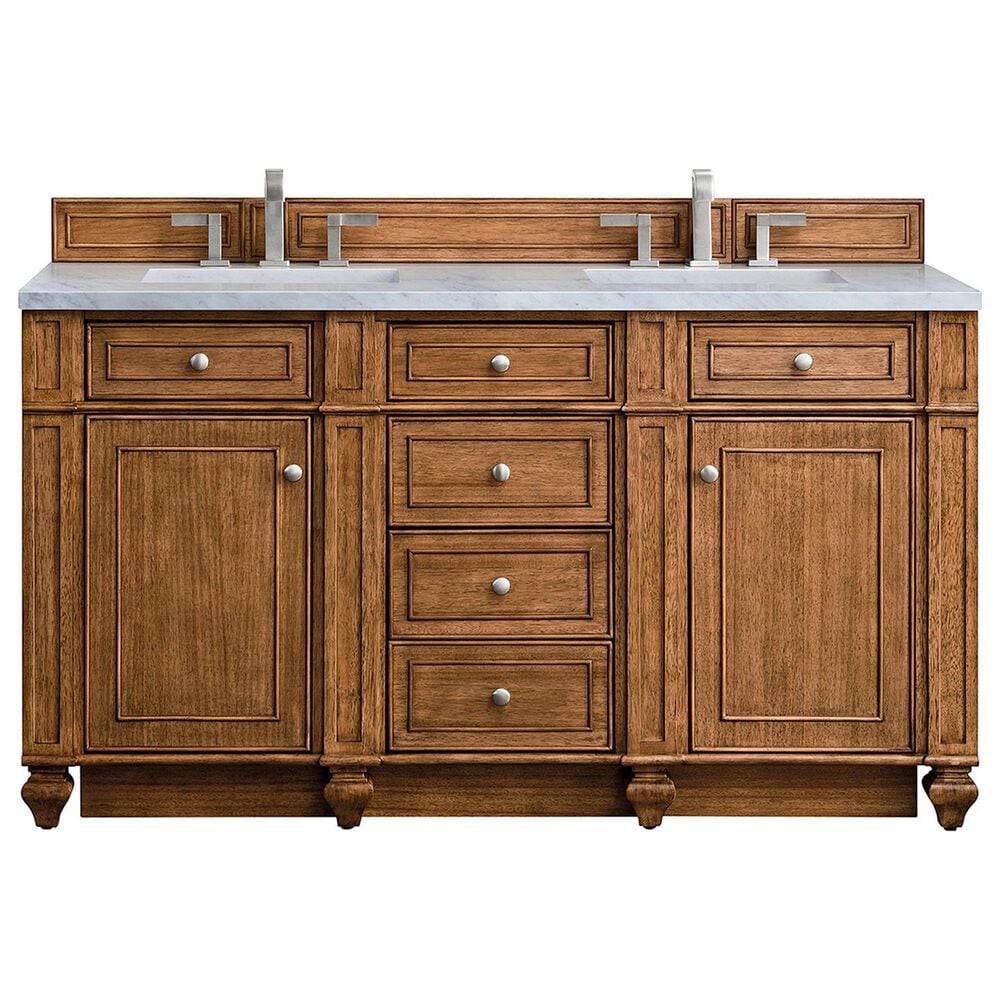 James Martin Vanities Bristol 60" Double Bathroom Vanity in Saddle Brown with 3 cm Eternal Jasmine Pearl Quartz Top and Rectangular Sinks, , large