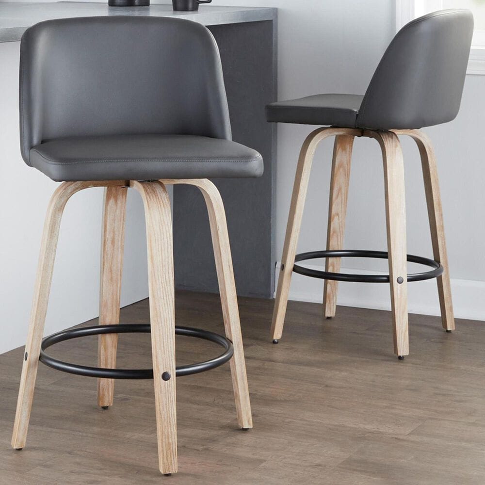 LumiSource Toriano Swivel Counter Stool with Grey Faux Leather Upholstery in Whitewashed and Black (Set of 2), , large
