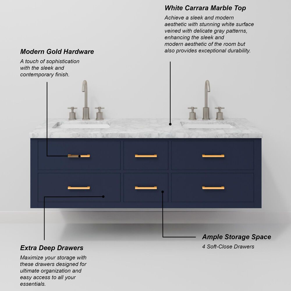 Lexora Home Castor 60" Double Bathroom Vanity in Blue with 2 cm White Carrara Marble Top and Rectangular Sinks, , large