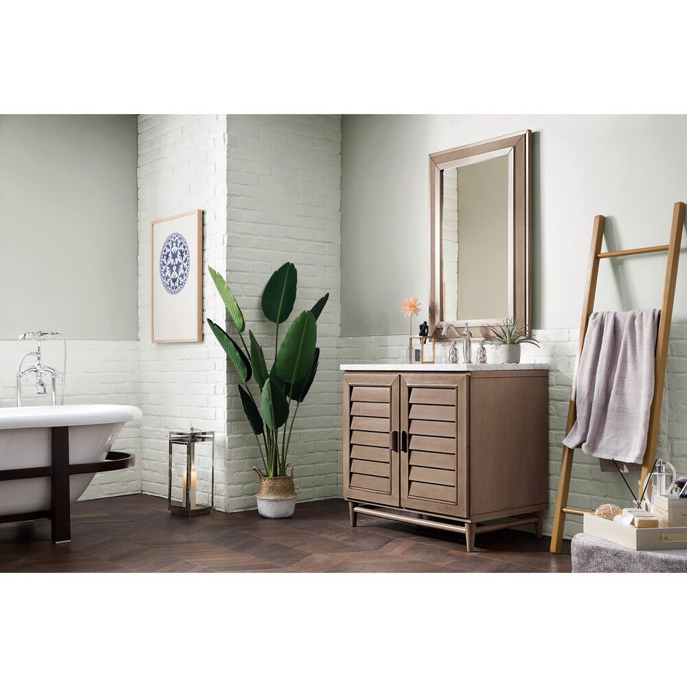 James Martin Vanities Portland 36&quot; Single Bathroom Vanity in Whitewashed Walnut with 3 cm Carrara White Marble Top and Rectangular Sink, , large