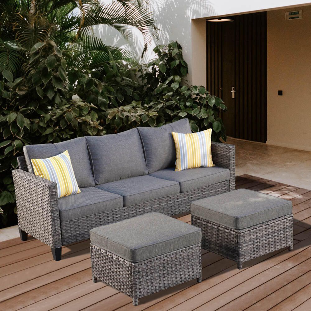 HOMLUX 3-Piece 77" Patio Sofa and Ottoman Set in Dark Grey, , large