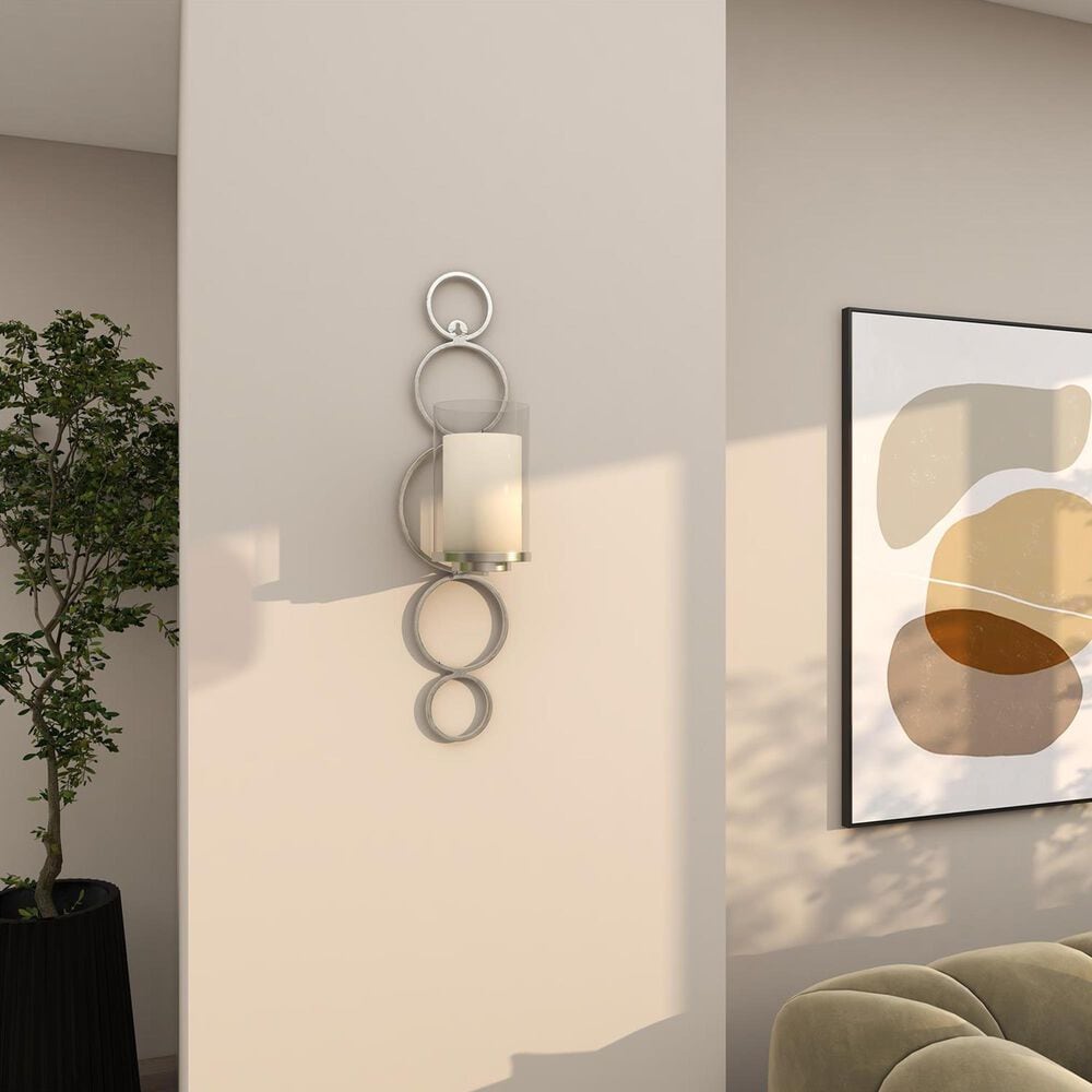 Maple and Jade 25&quot; Stacked Circle Single Indoor/Outdoor Wall Mount Candle Holder in Weathered Silver and Clear, , large