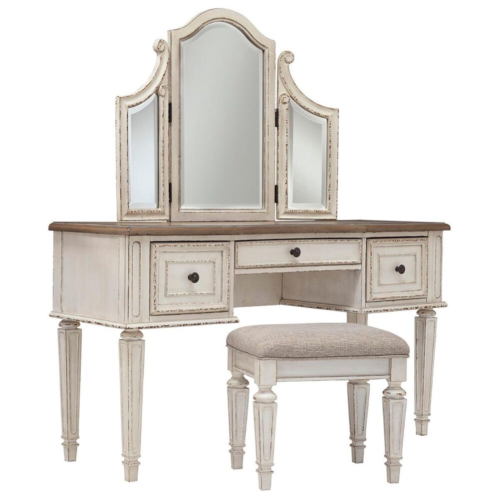 Ashley Realyn Vanity with Mirror and Stool in Chipped White and Brown, , large