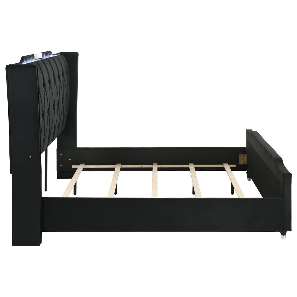 Pacific Landing Lorient Queen Upholstered Wingback Bed in Black with LED Lights, , large